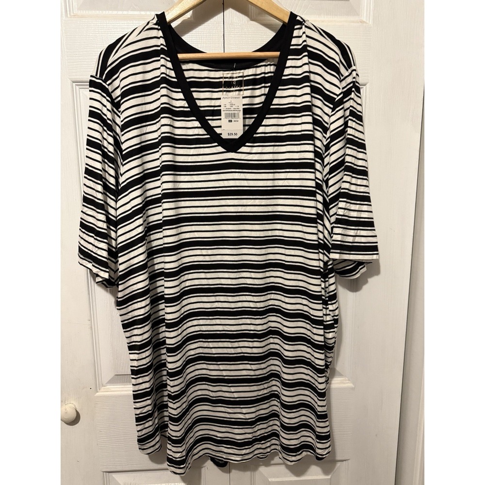 NWT Ashley Stewart 30/32 Black White Striped V Neck Tunic Top Plus Size